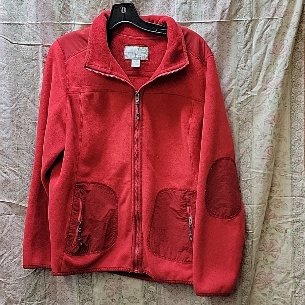 GREEN TEA Fleece Jacket Womens Full Zip‎ Pockets, Elbow Patches Red size XXL